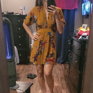 Shein Open Back Deep Plunge Dress Mustard Floral